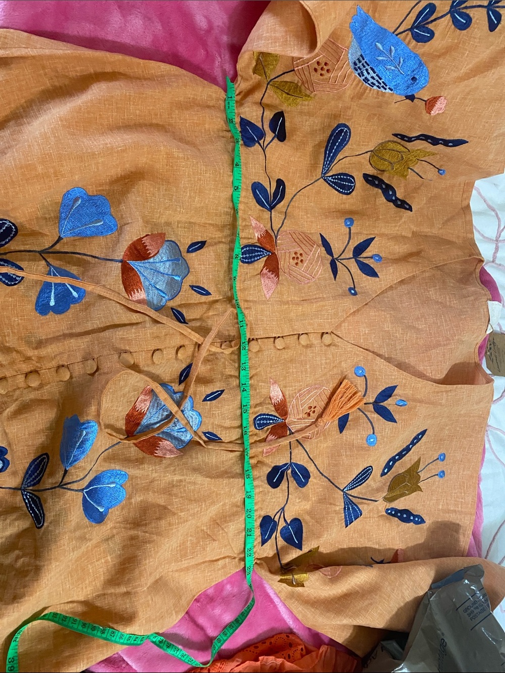 Embroidered Peach Caftan Dress with Blue Floral Motif